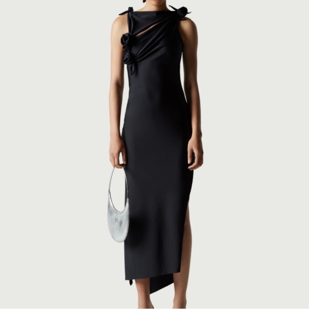 Coperni Black Asymmetric Flower Maxi Dress